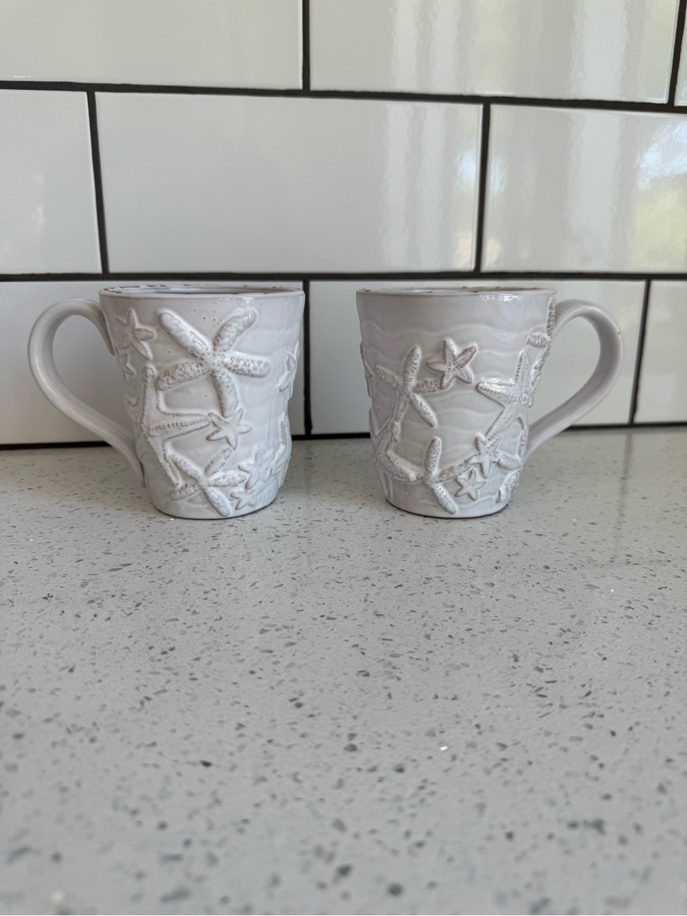 Mud Pie Starfish Mug Set of 2 White Glazed Terracotta Coastal Beach NWOT